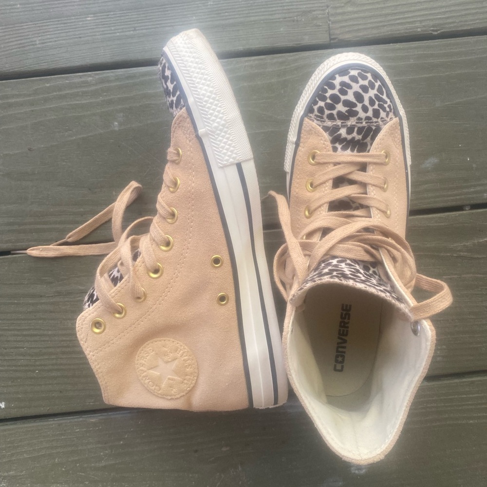 Converse Tan Suede High-Tops size 9 with animal print